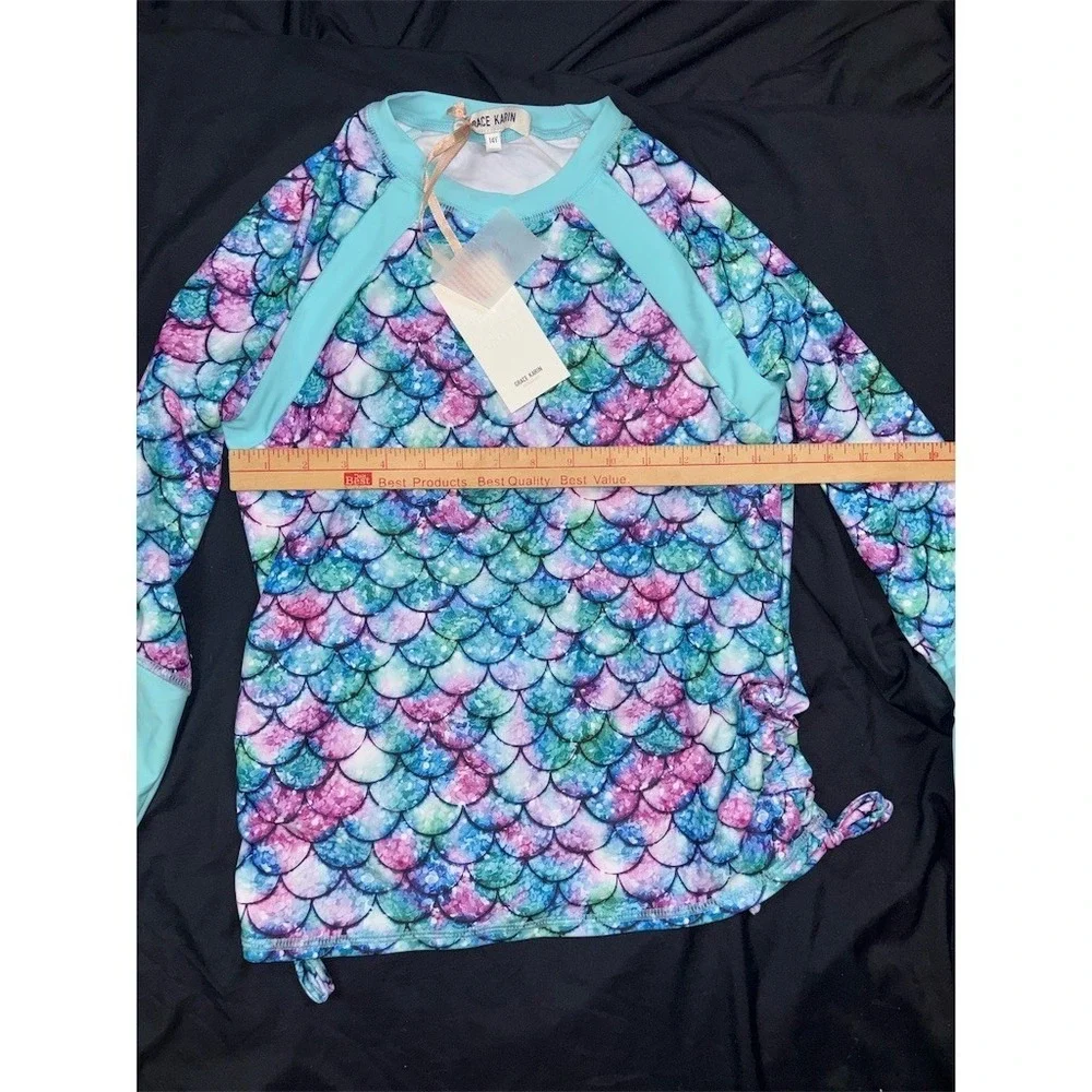 Grace Karin Girls Rash Guard Swim Top Size 14 Mermaid Scales Long Sleeve UPF 50+